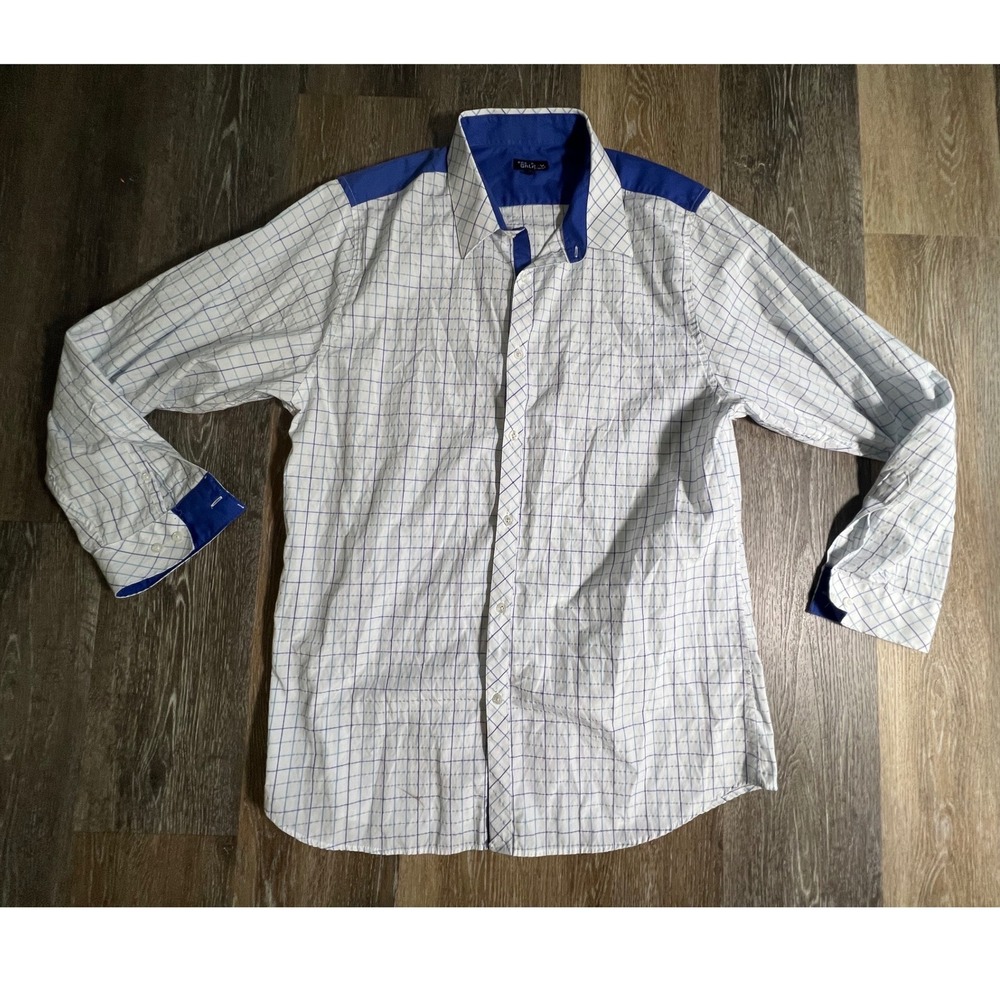 Galaxy By Harvic Button Down Shirt Mens XL White Blue Grid Contrast Colorblock